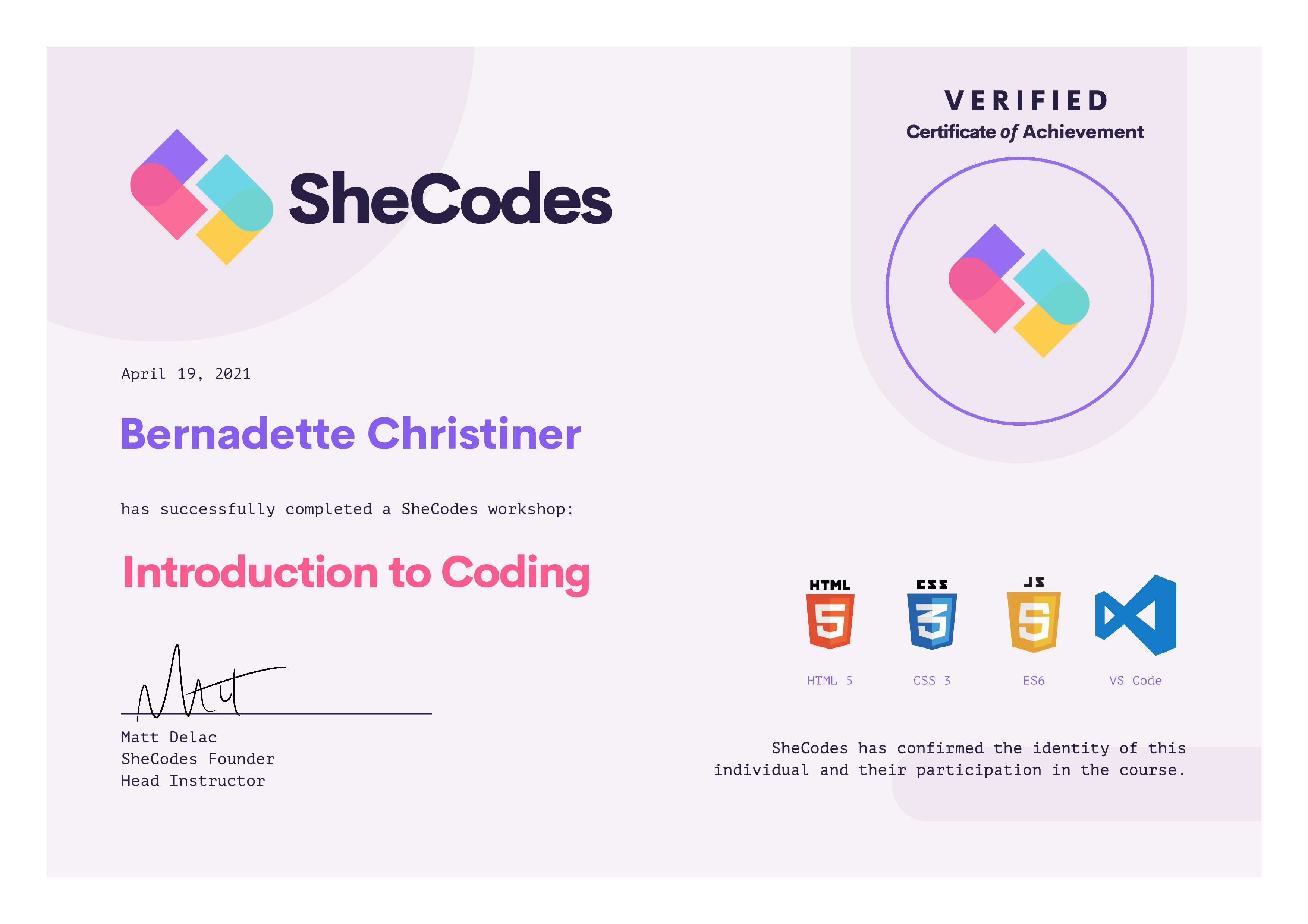 SheCodes Certificate of Basic Workshop